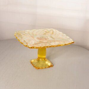 Vintage LE Smith Small Square Yellow Glass Trellis Cake Stand